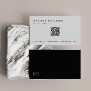 Tarjeta De Visita Simple Elegante Código QR Monograma Blanco Y Negro