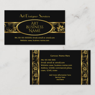 Tarjeta De Visita Simple Elegante Oro Negro Floral Damask