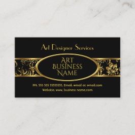 Tarjeta De Visita Simple Elegante Oro Negro Floral Damask
