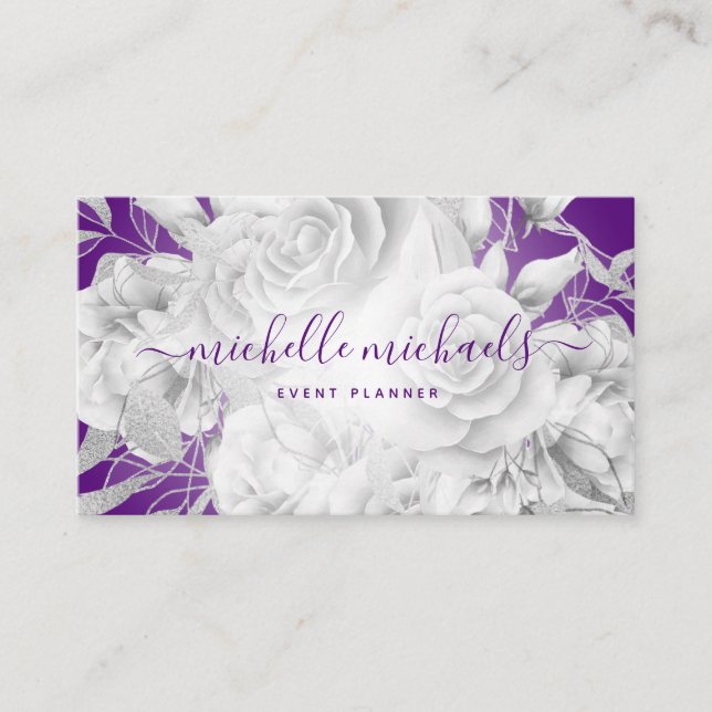 Tarjeta De Visita Simple Floral Purple & Silver Script Moderno (Anverso)