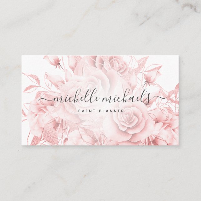 Tarjeta De Visita Simple Floral Rosa Gold Moderno Script  (Anverso)