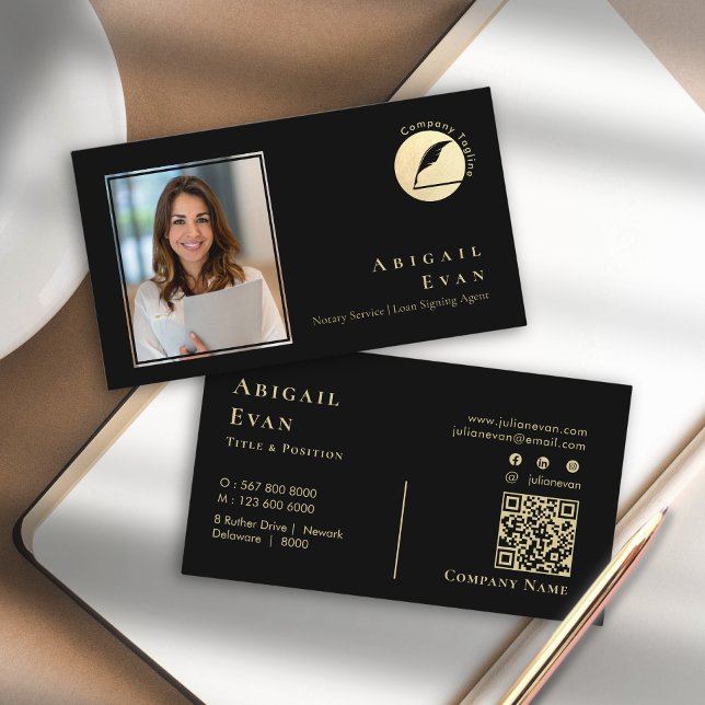 Tarjeta De Visita Simple foto del servicio de notario de piel de oro (Simple Black & Gold Feather Notary Service Photo Business Card)