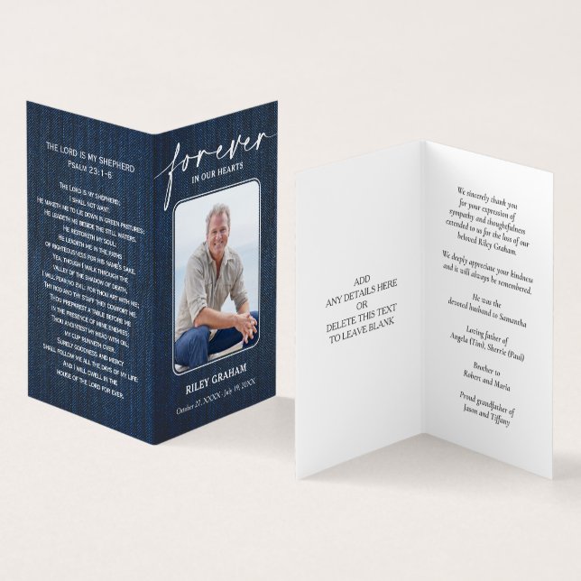 Tarjeta De Visita Simple Funeral Memorial Denim Prayer Photo Card (Interior y exterior)