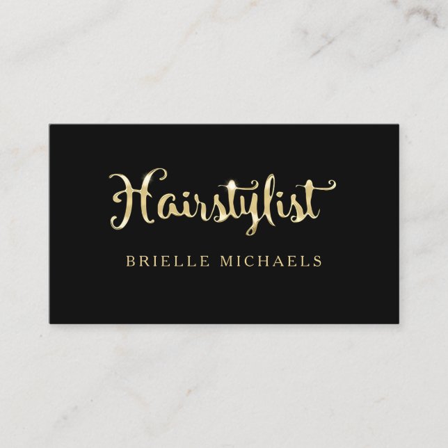 Tarjeta De Visita Simple Glamour FAUX Negro y Gold Hairstylist (Anverso)