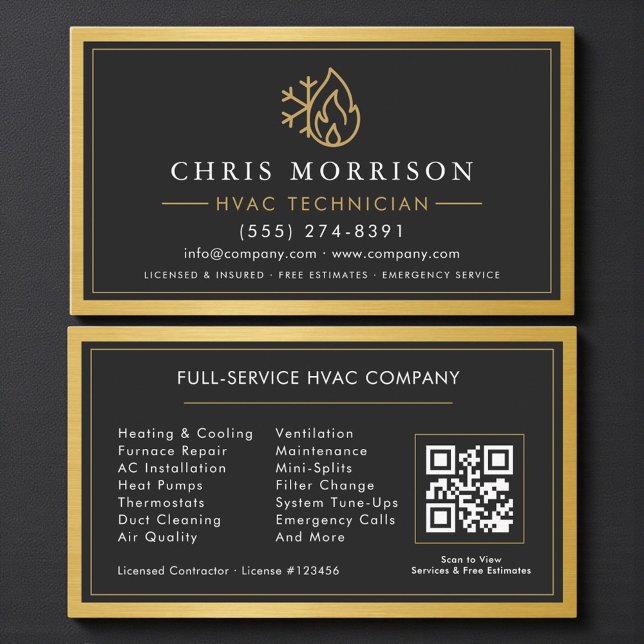 Tarjeta De Visita Simple HVAC Technician QR Code Gold Metallic (Subido por el creador)