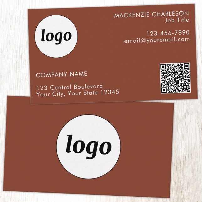 Tarjeta De Visita Simple Logo and Text QR Code Terracotta (Simple logo with custom text business branding promotional QR code terracotta business card)