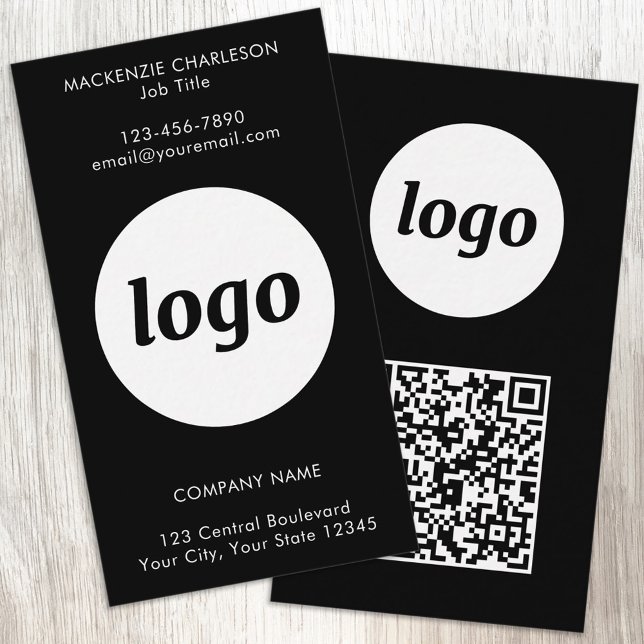 Tarjeta De Visita Simple Logo Text QR Code Vertical Black (Simple logo with custom text and QR code business branding promotional vertical black business cards)