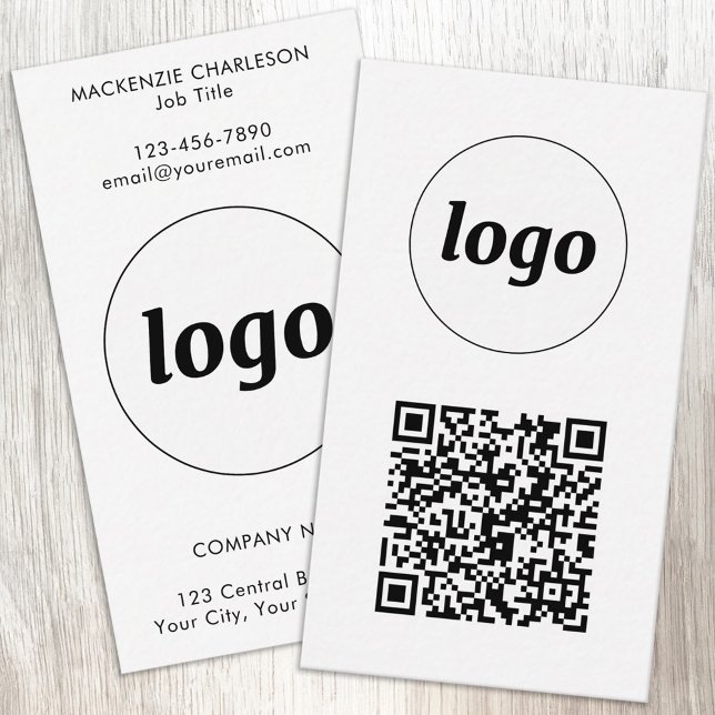 Tarjeta De Visita Simple Logo Text QR Code Vertical Format (Simple logo with custom text and QR code business branding promotional vertical business cards)