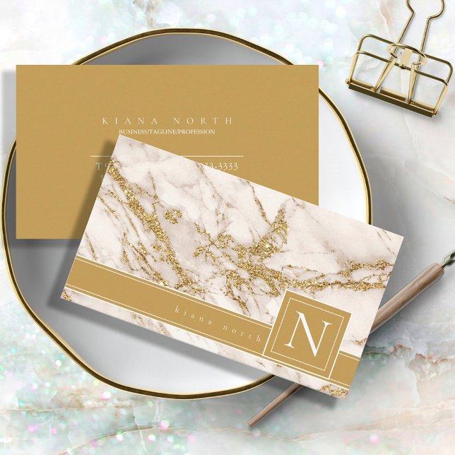Tarjeta De Visita Simple Marble Monograma negro/dorado ID672 (Subido por el creador)