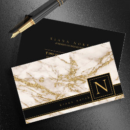 Tarjeta De Visita Simple Marble Monograma negro/dorado ID672
