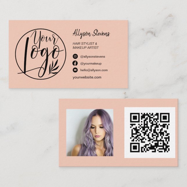 Tarjeta De Visita Simple melocotón maquillaje de pelo foto logo qr c (Anverso / Reverso)