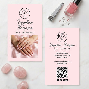 Tarjeta De Visita Simple Modern Blush Pink Nail Código QR Redes Soci