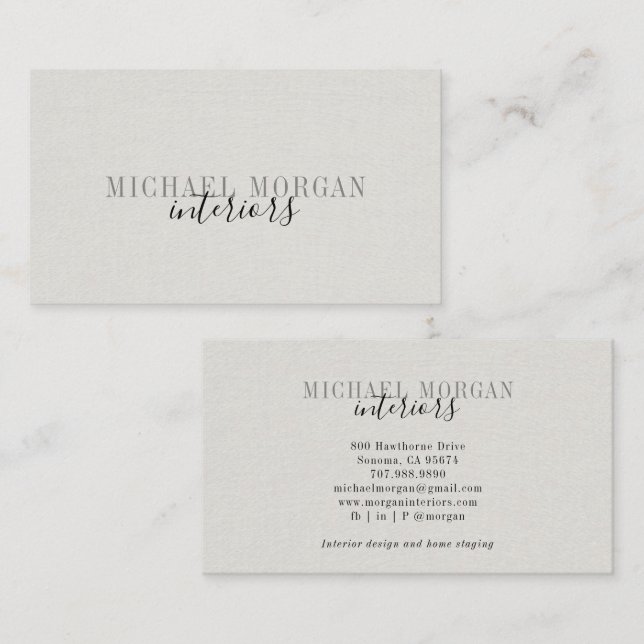 Tarjeta De Visita Simple Modern Interior Designer Script Faux Linen (Anverso / Reverso)