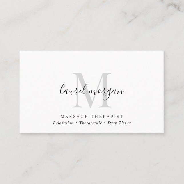 Tarjeta De Visita Simple Modern Massage Therapist Script Monogram (Anverso)