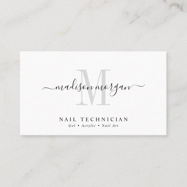 Tarjeta De Visita Simple Modern Nail Technician Script Monogram (Anverso)