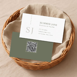 Tarjeta De Visita Simple Moderno Minimalista Código QR Verde Salvia 