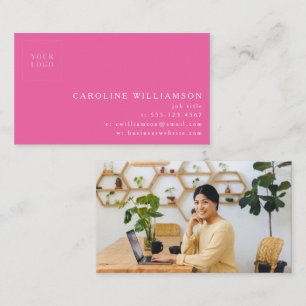 Tarjeta De Visita Simple Moderno Minimalista Logo Foto Rosa Caliente