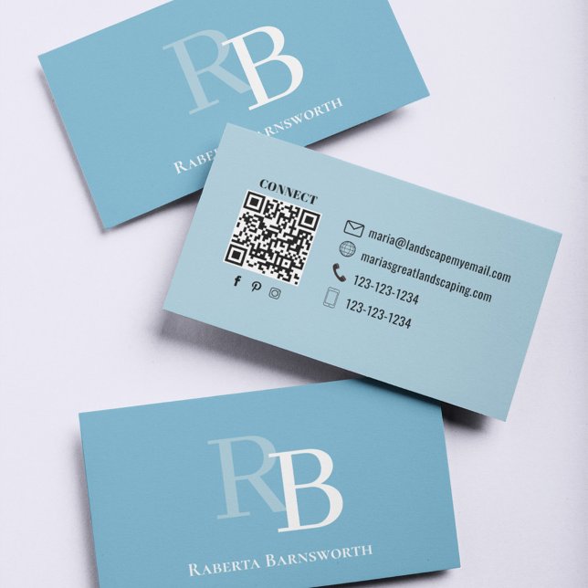 Tarjeta De Visita Simple Monogram Blue QR Code | Connect with Me (Simple blue modern monogram  business card.)