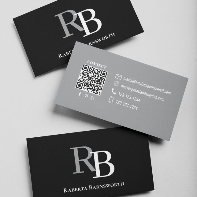 Tarjeta De Visita Simple Monogram QR Code Black | Connect with Me (Black and gray business card with simple monogram.)