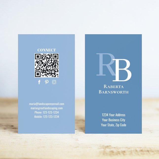 Tarjeta De Visita Simple Monogram QR Code Blue | Connect with Me (Blue monogram business card template with a scannable QR code.)