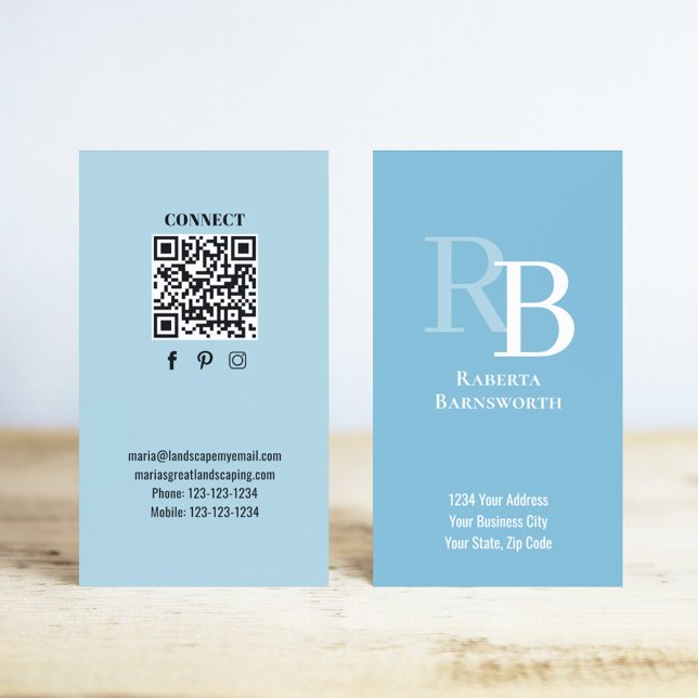 Tarjeta De Visita Simple Monogram QR Code Blue | Connect with Me (Blue business cards with monogram and scannable QR code.)