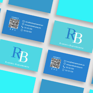 Tarjeta De Visita Simple Monogram QR Code Blue | Connect with Me