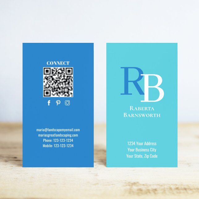 Tarjeta De Visita Simple Monogram QR Code Blue | Connect with Me (Blue two tones monogram business card with a QR code.)