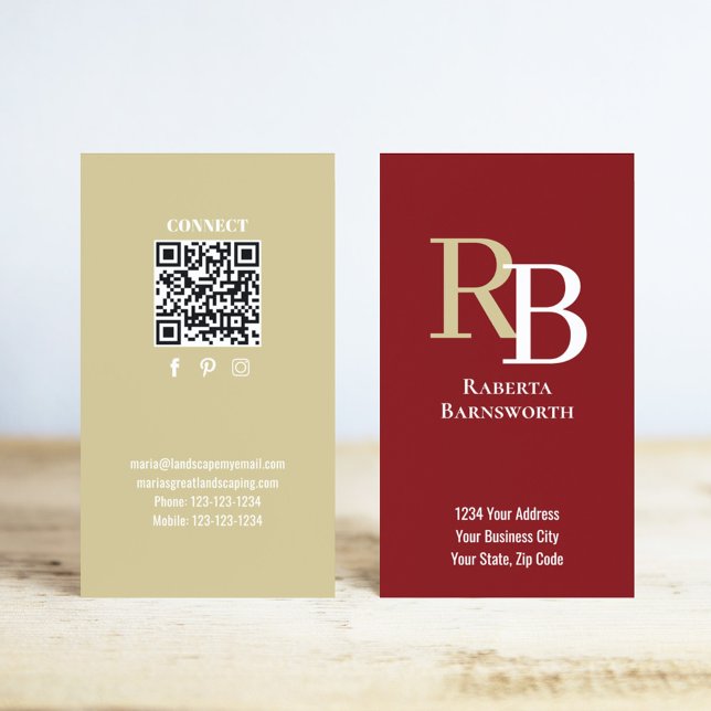 Tarjeta De Visita Simple Monogram QR Code Burgundy | Connect with Me (Burgundy and gold monogram business card.)