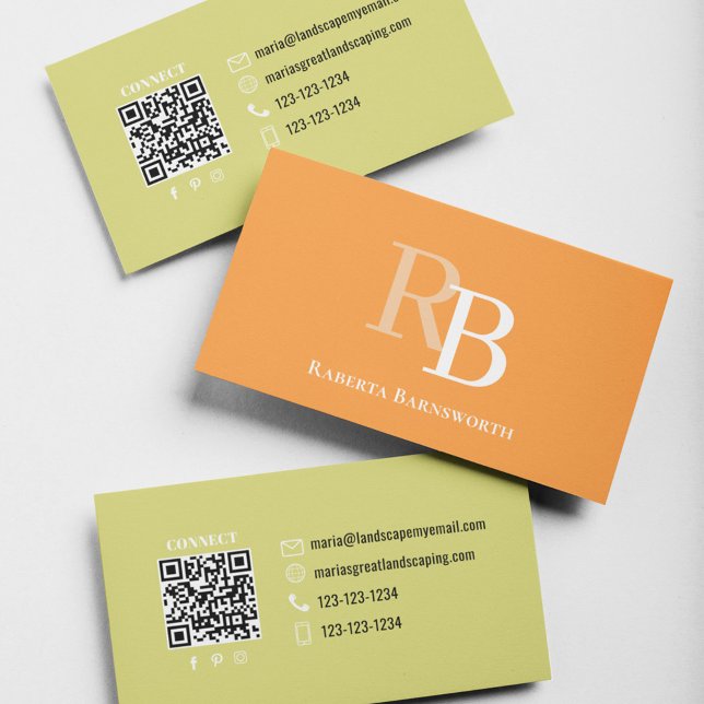 Tarjeta De Visita Simple Monogram QR Code Orange | Connect with Me (Orange and yellow gold two toned business card.)