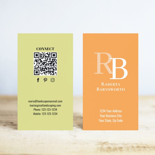 Tarjeta De Visita Simple Monogram QR Code Orange | Connect with Me (Orange and yellow monogram business card.)