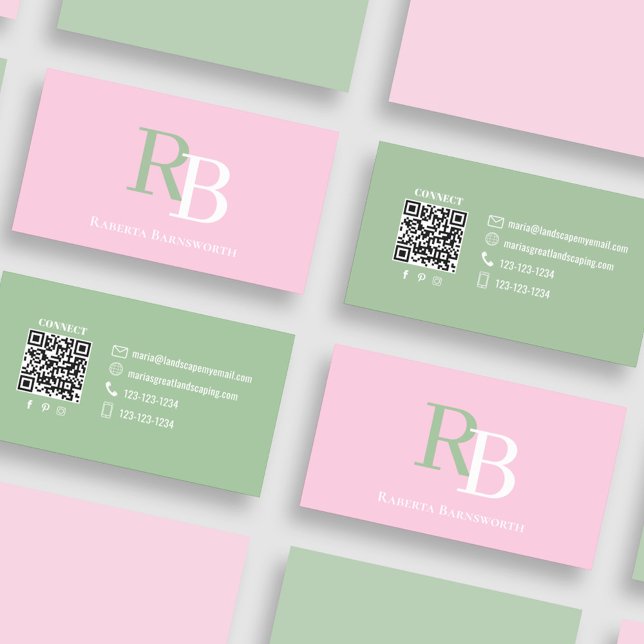 Tarjeta De Visita Simple Monogram QR Code Pink | Connect with Me (Pink and green business card with simple monogram and QR code.)