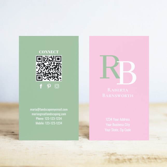 Tarjeta De Visita Simple Monogram QR Code Pink | Connect with Me (Pink and green monogram business card template.)