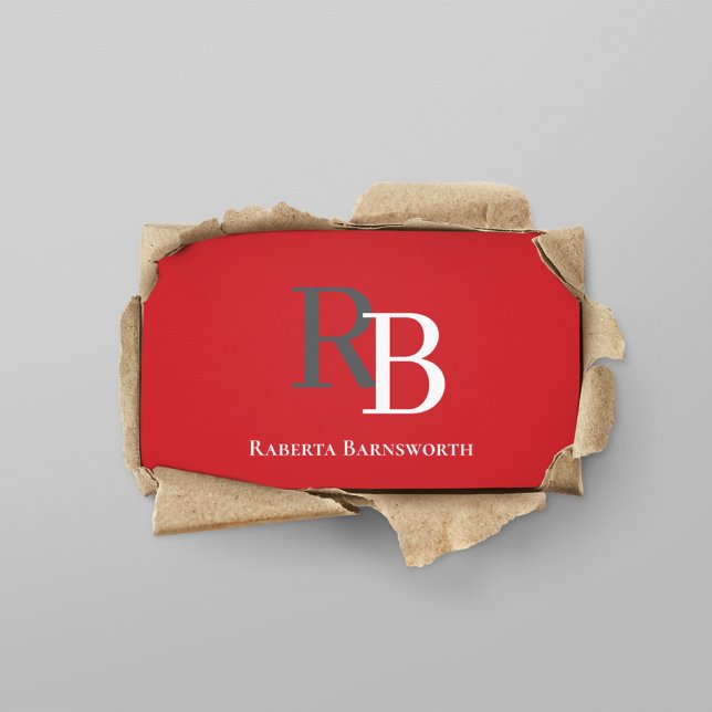 Tarjeta De Visita Simple Monogram QR Code Red | Connect with Me (Red and grey business card with simple monogram.)