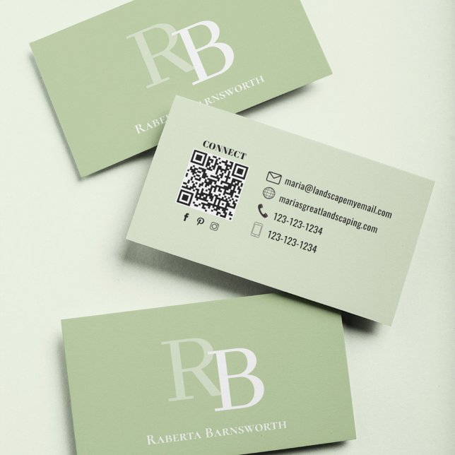 Tarjeta De Visita Simple Monograma Código QR Verde | Conéctate conmi (Green monogram business card with simple two toned design.)