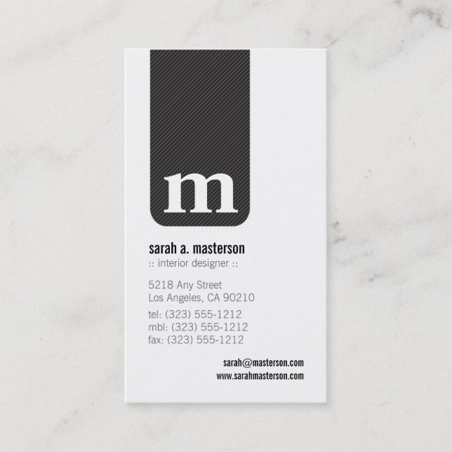 Tarjeta De Visita Simple Monograma Designer Business Card (negro) (Anverso)