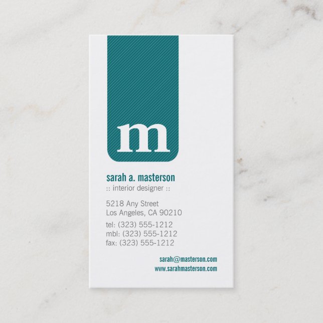 Tarjeta De Visita Simple Monograma Designer Business Card (verde azu (Anverso)