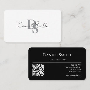 Tarjeta De Visita Simple Monograma Inicial QRcode Elegante Blanco Ne