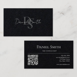 Tarjeta De Visita Simple Monograma Inicial QRcode Papel Negro Premiu