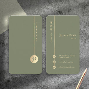 Tarjeta De Visita Simple Monograma Mínimo Elegante Verde Salvia & Or