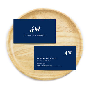 Tarjeta De Visita Simple Naval Azul Dos Monogramas Guión Casual