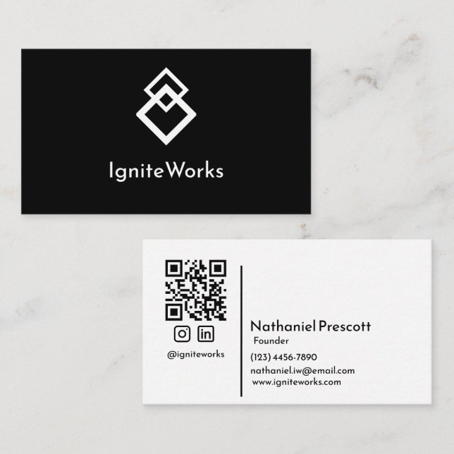Tarjeta De Visita Simple negrita Moden Sleek look Black White QR Cod (Anverso / Reverso)