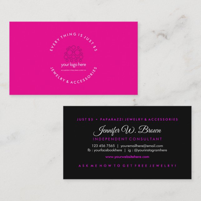 Tarjeta De Visita Simple Pink Black Jewelry Custom Logo (Anverso / Reverso)