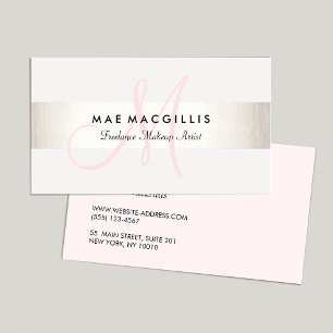 Tarjeta De Visita Simple Pink Monogram Modern FAUX Silver Striped