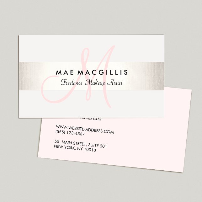 Tarjeta De Visita Simple Pink Monogram Modern FAUX Silver Striped (Subido por el creador)
