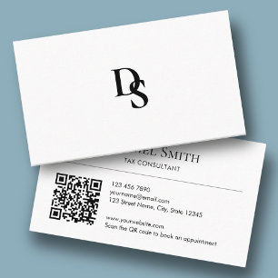 Tarjeta De Visita Simple Profesional Blanco con Código QR de Inicial