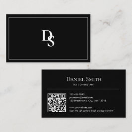 Tarjeta De Visita Simple Professional Black White Initials QR Code