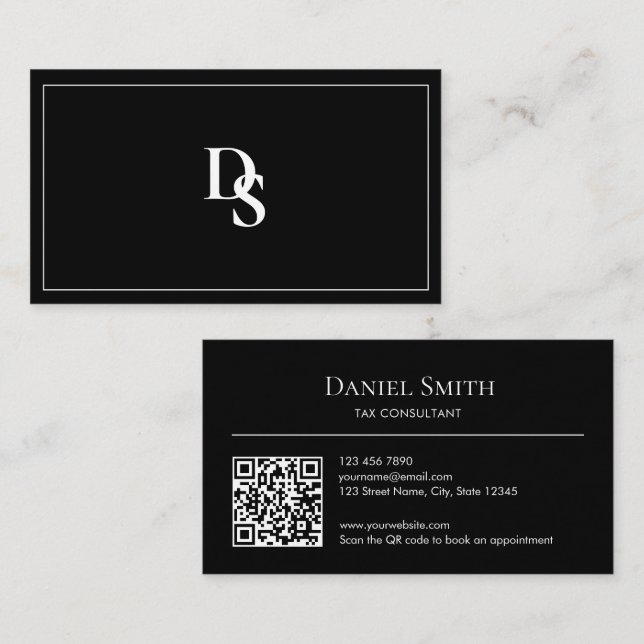 Tarjeta De Visita Simple Professional Black White Initials QR Code (Anverso / Reverso)