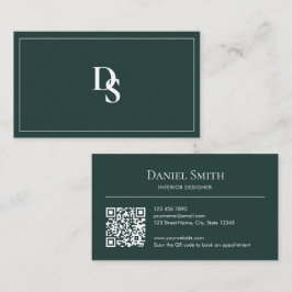 Tarjeta De Visita Simple Professional Dark Green Initials QR Code
