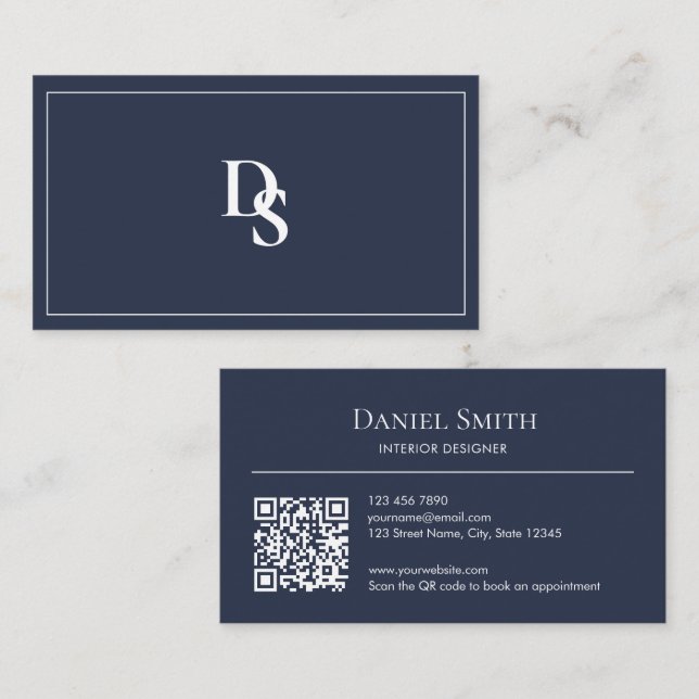 Tarjeta De Visita Simple Professional Dusty Blue Initials QR Code (Anverso / Reverso)