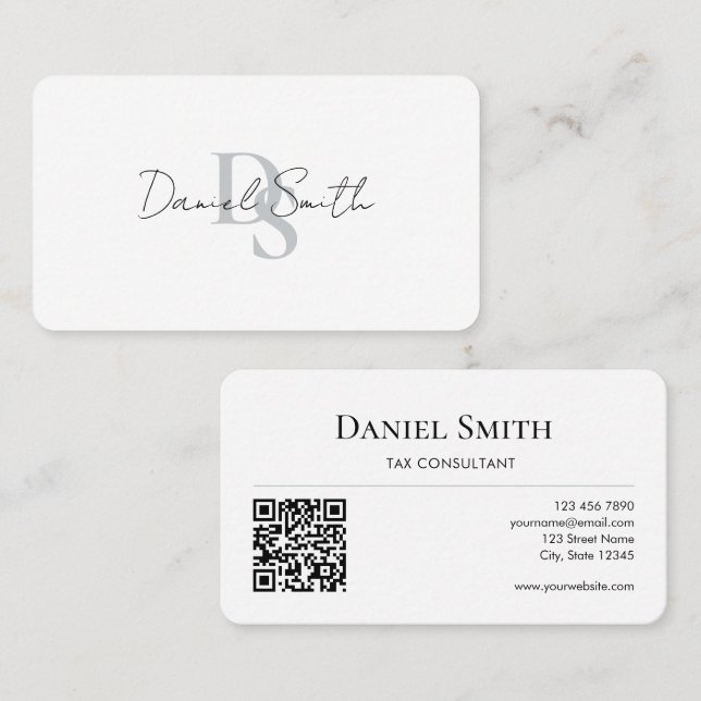 Tarjeta De Visita Simple Professional Monogram Initial QR code White (Anverso / Reverso)